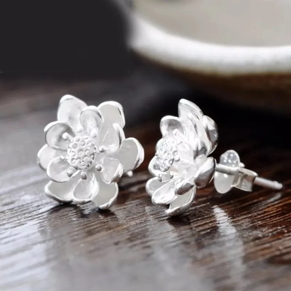 Minimalist Lotus Japanese Oriental Floral Plant 925 Sterling Silver Stud Earring - Picture 4 of 9
